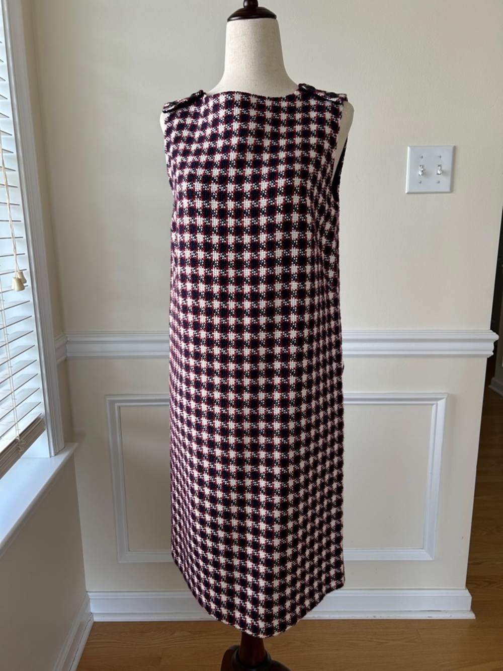 Brooks Brothers Dark Navy and Pink Houndstooth Midi Shift Dress